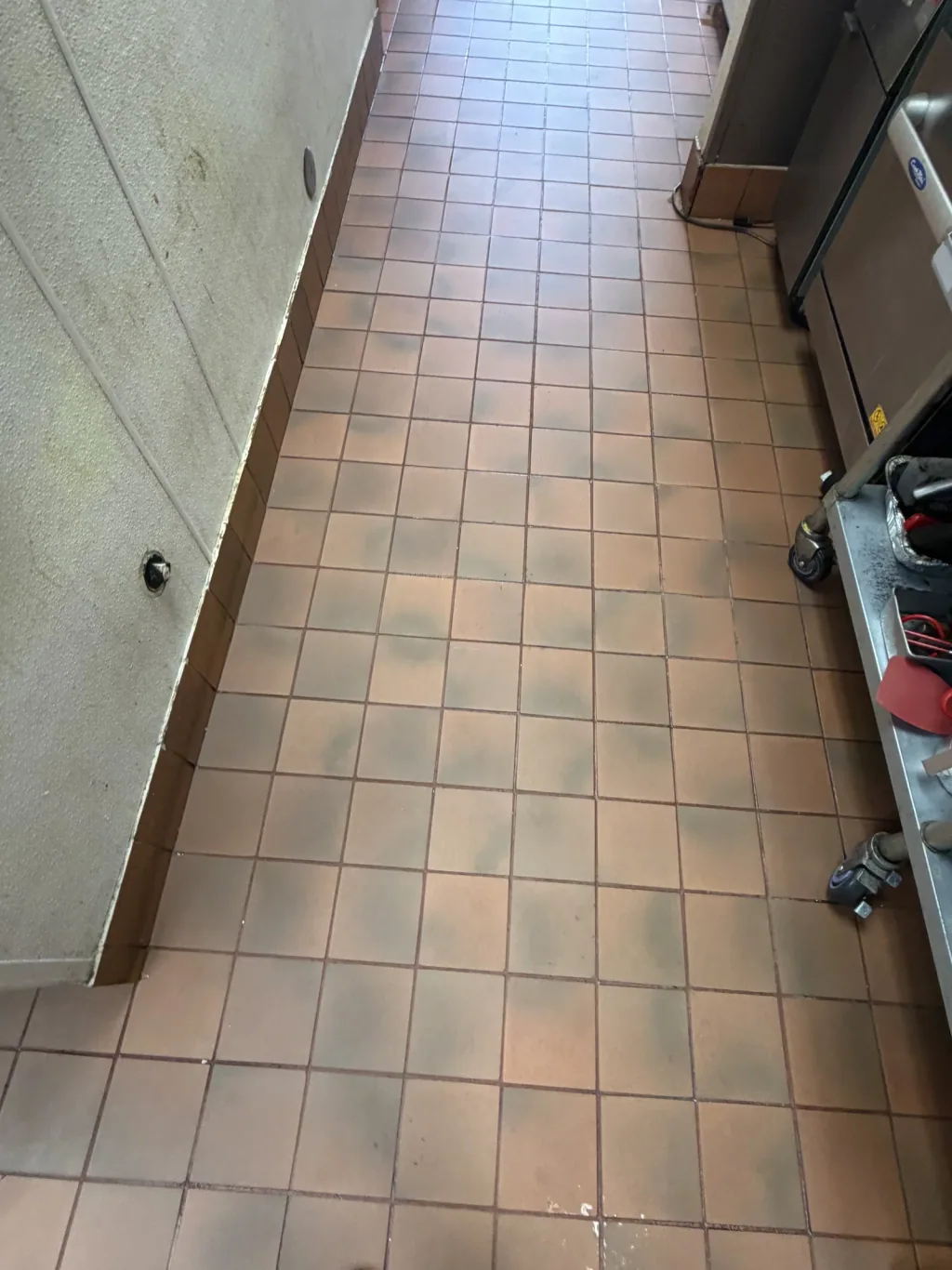 Commercial quarry-tile floor in a working kitchen before the cleaning project