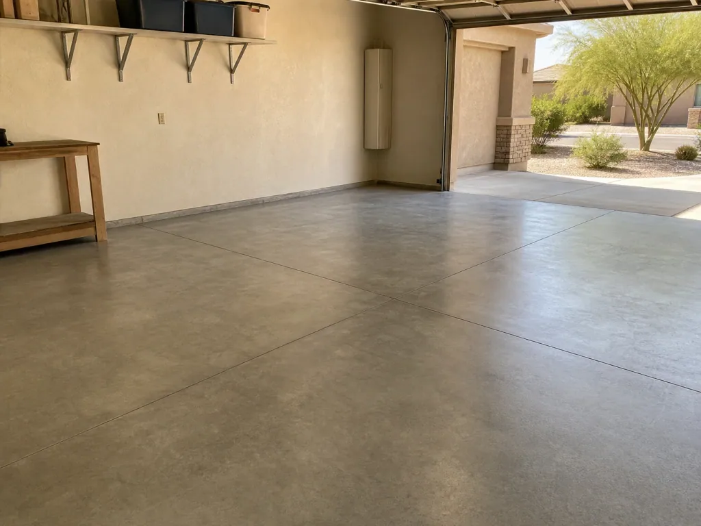 Representative Arizona garage with a clean concrete floor in a restrained satin finish