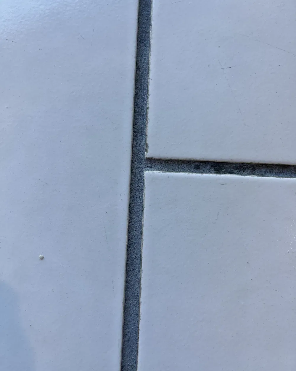 Close view of white tile with darkened grout joints, from a similar job