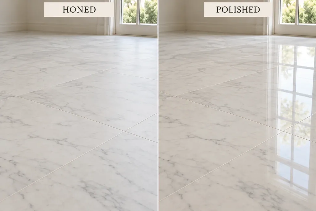 Side-by-side illustration of honed marble with soft, diffuse light on the left and polished marble with a clear window reflection on the right