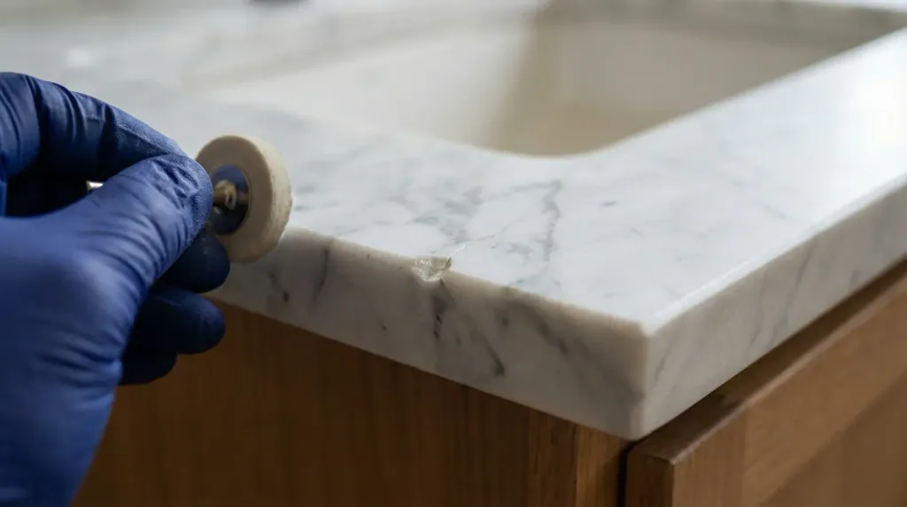Gloved hand shaping a filled chip on the edge of a white marble vanity with a small rotary tool