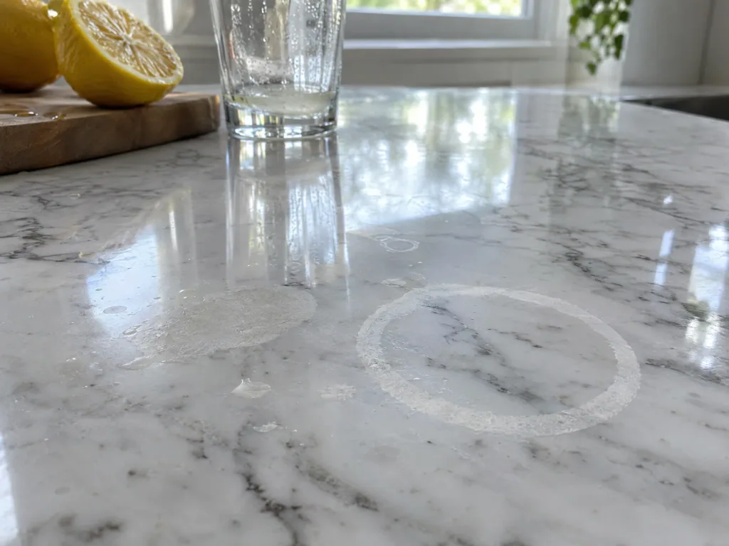 Dull, lighter etch rings on a white marble-look countertop where glasses stood