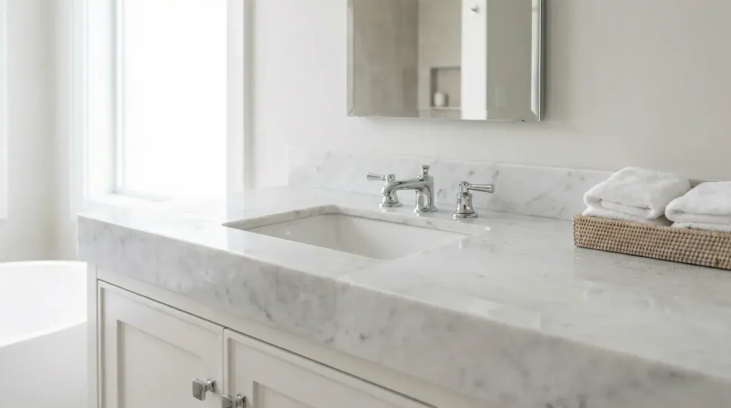 Marble vanity countertop after professional cleaning and polishing