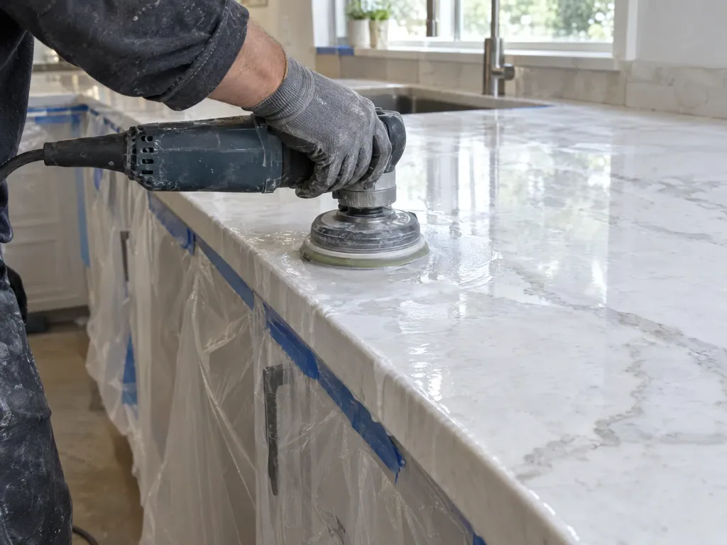 Handheld polisher with a diamond pad working a wet quartzite countertop, with grey slurry on the surface