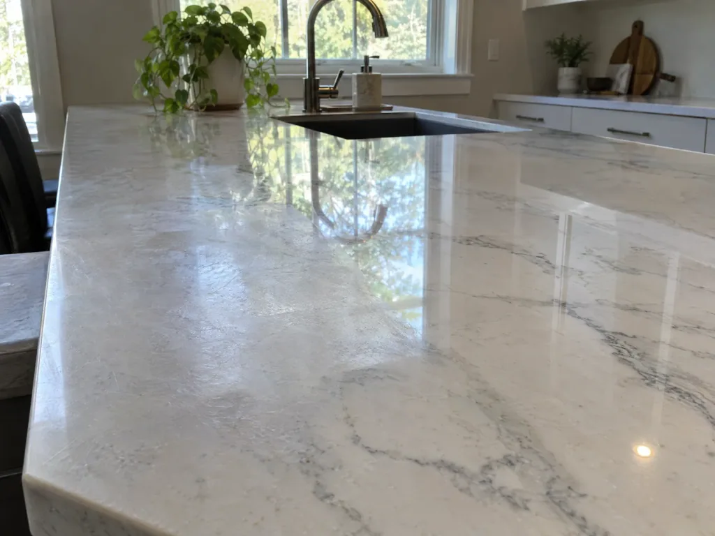 Raking light across a quartzite countertop showing a dull, worn patch beside an area that still reflects