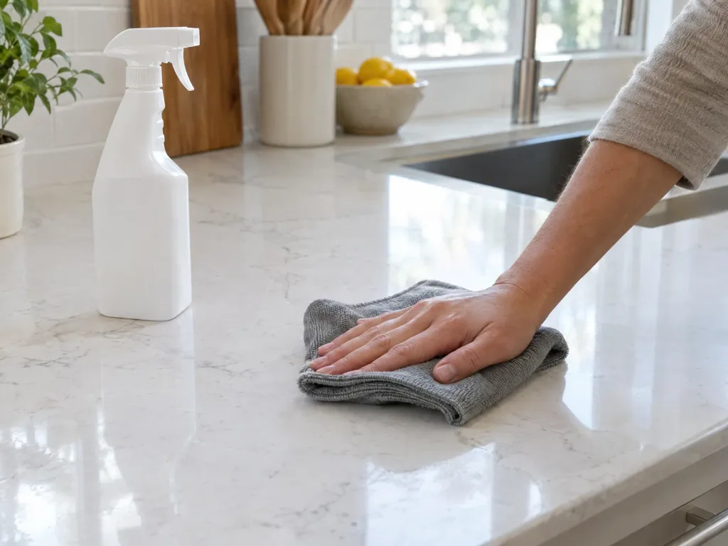 Hand wiping a pale quartzite countertop with a folded microfiber cloth beside an unbranded spray bottle
