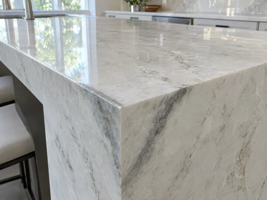 Mitered quartzite countertop edge with dark bands in the stone on either side of the seam
