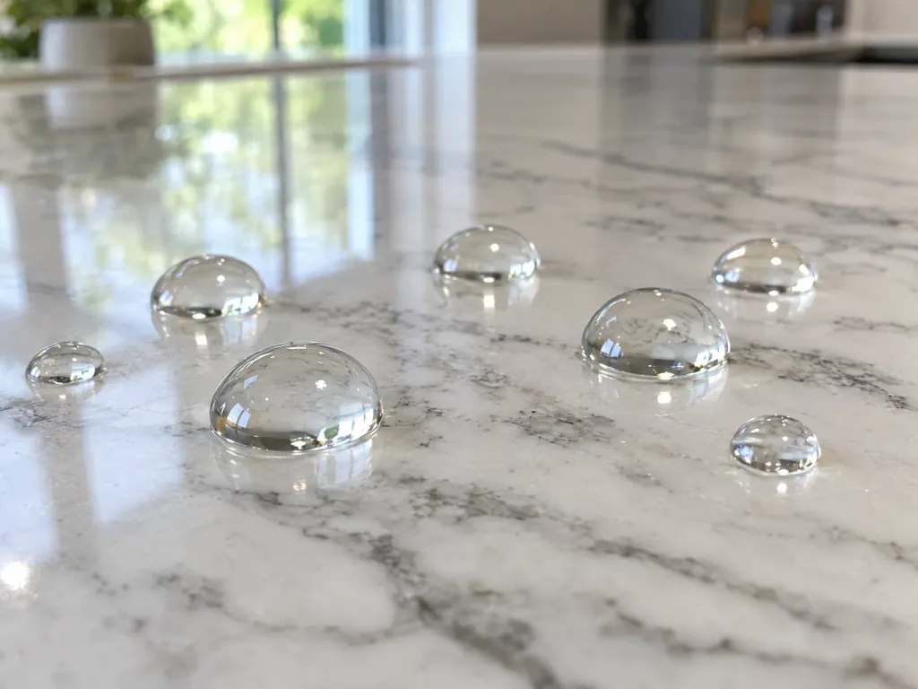 Water droplets beading up on a sealed quartzite countertop surface