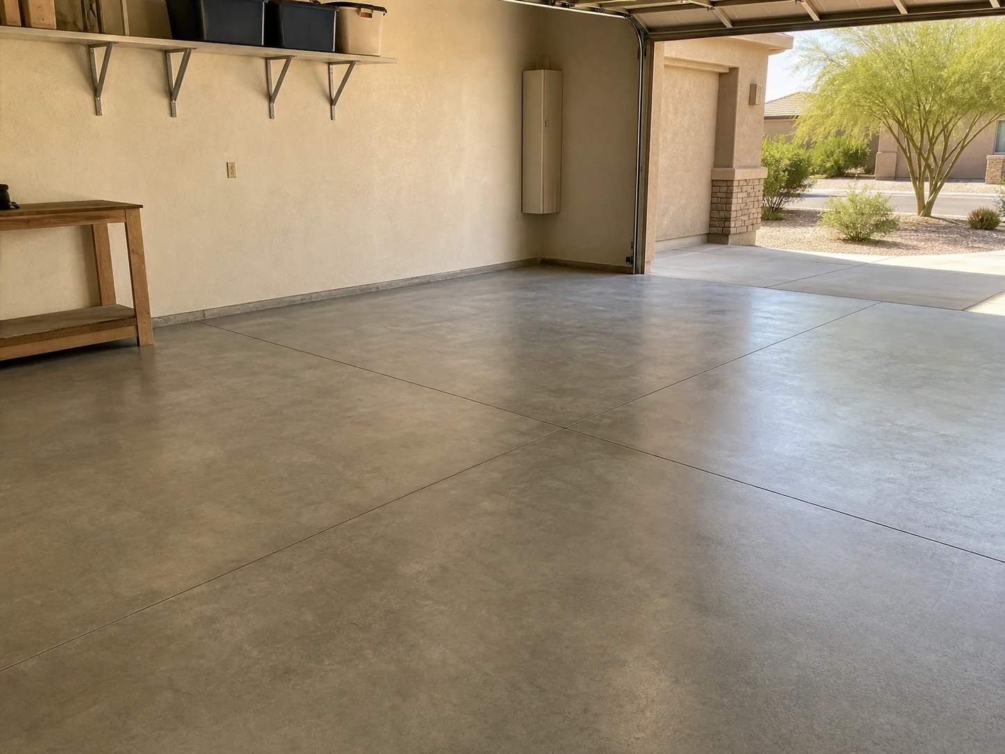 Representative Arizona garage with a clean concrete floor in a restrained satin finish
