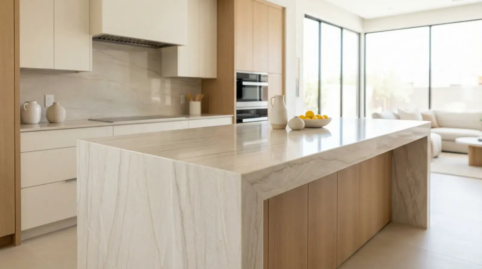 Quartzite waterfall island with an even finish