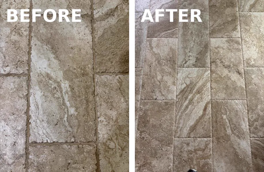 Close comparison of travertine tile grout joints before and after professional cleaning