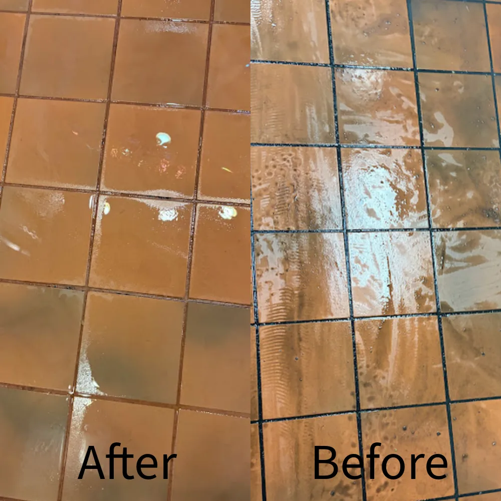 Quarry tile floor shown after and before a professional degreasing and extraction clean