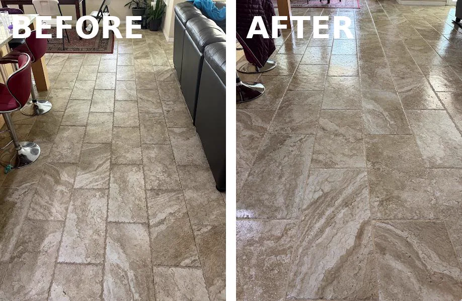 Tile floor shown before and after professional cleaning, with the grout joints returning to an even tone